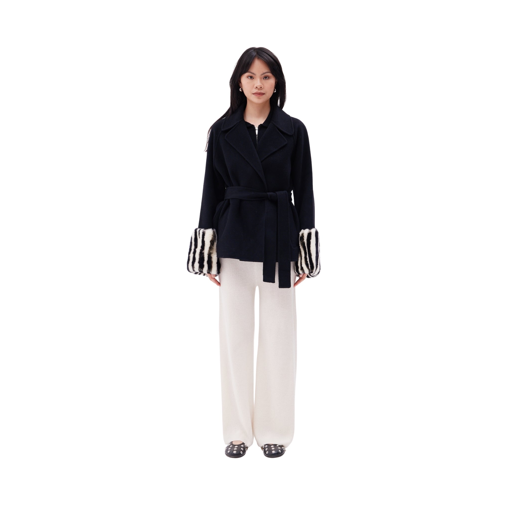 The Belted Jacket with Zebra Cuffs in Black