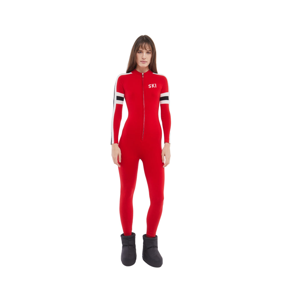 SKI: Triple Tone Base Layer Jumpsuit in Red