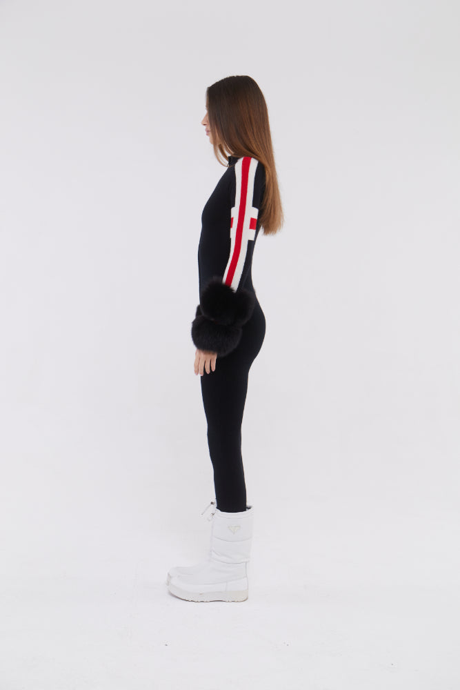 SKI: Black Base Layer Jumpsuit with Stripe Detail