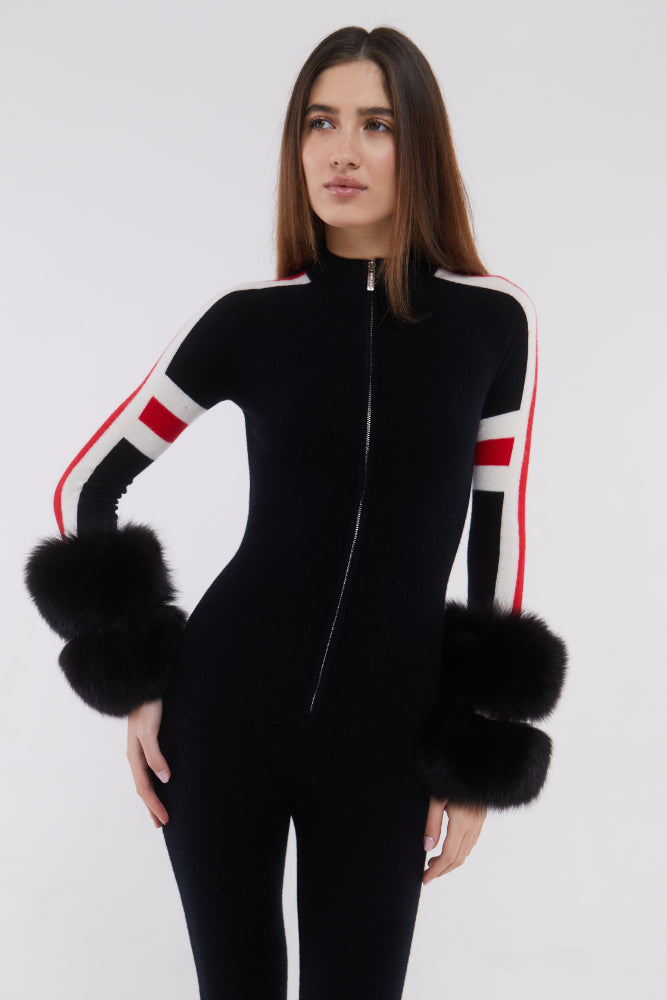 SKI: Black Base Layer Jumpsuit with Stripe Detail