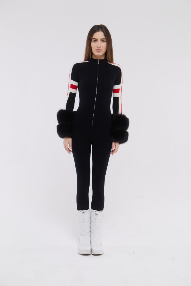 SKI: Black Base Layer Jumpsuit with Stripe Detail