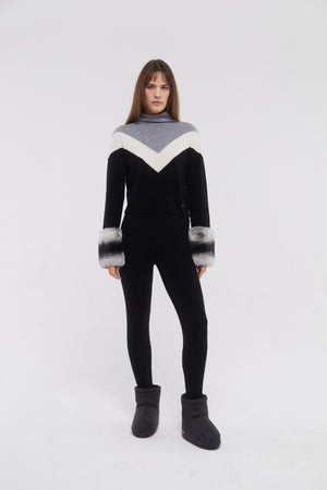 SKI: Triple Tone High Neck Sweater with Cuffs in Black, Cloud and Mist