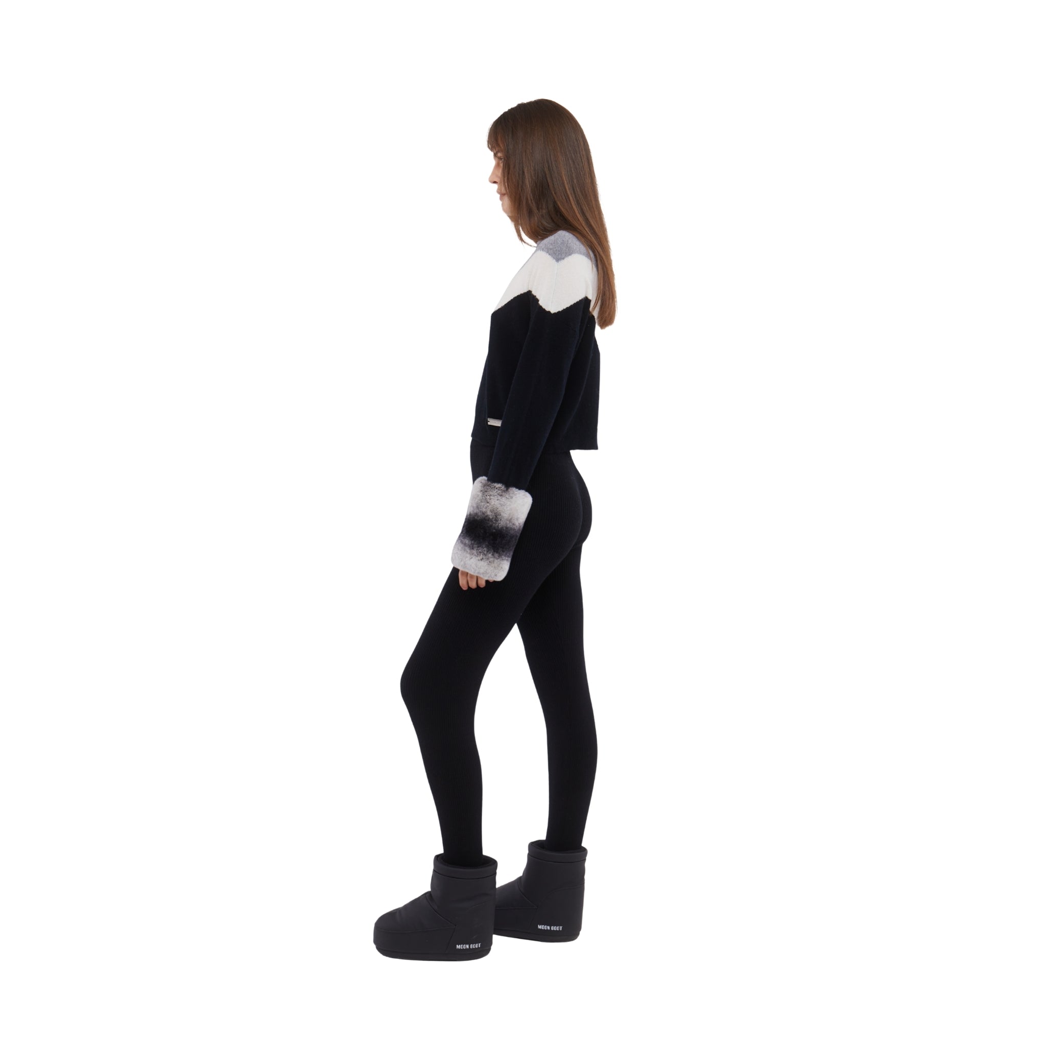 SKI: Triple Tone High Neck Sweater with Cuffs in Black, Cloud and Mist