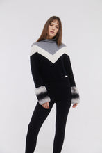 Load image into Gallery viewer, SKI: Triple Tone High Neck Sweater with Cuffs in Black, Cloud and Mist
