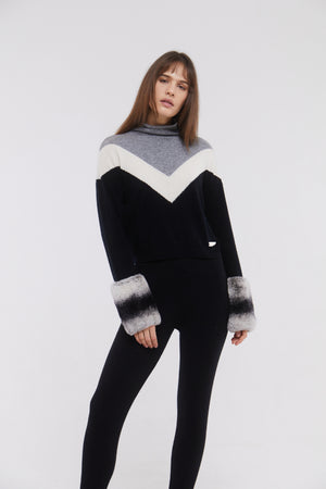 SKI: Triple Tone High Neck Sweater with Cuffs in Black, Cloud and Mist