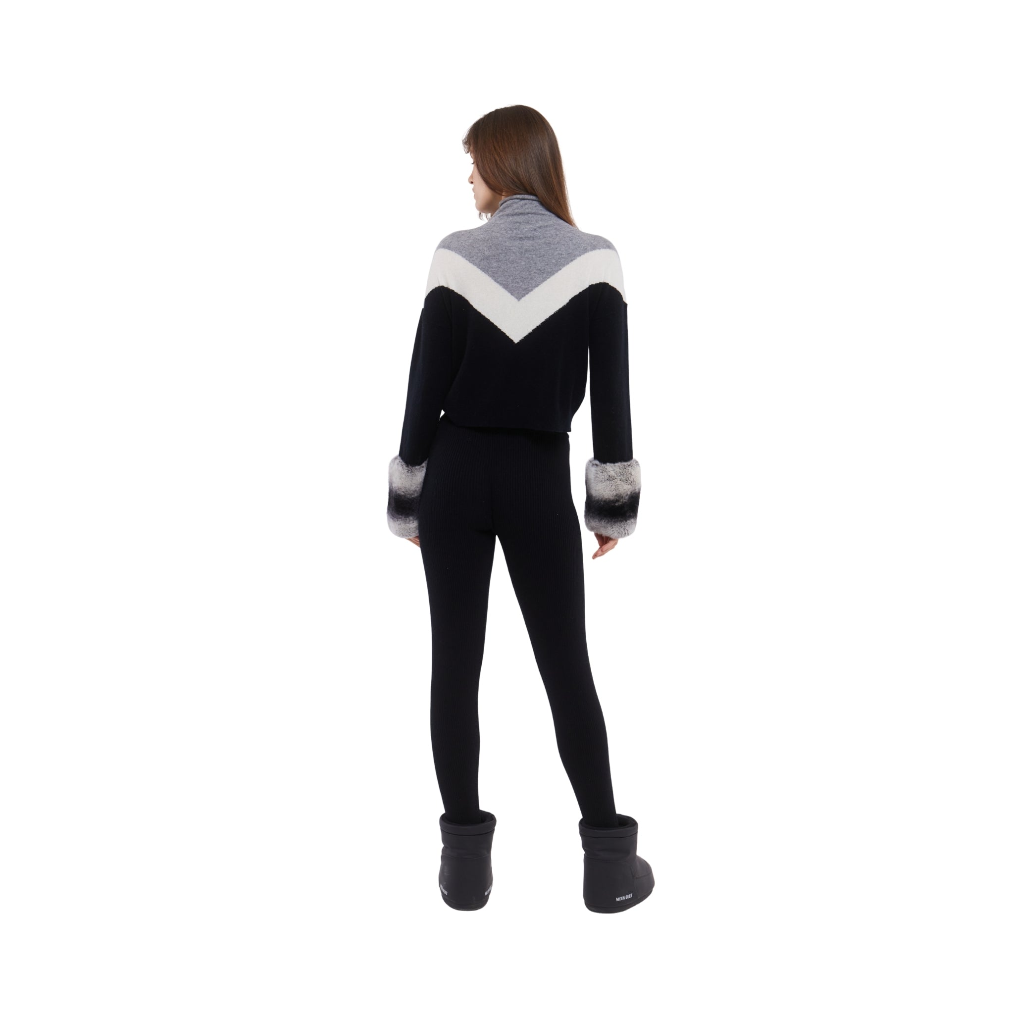 SKI: Triple Tone High Neck Sweater with Cuffs in Black, Cloud and Mist