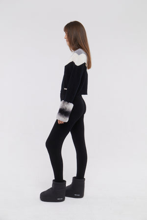 SKI: Triple Tone High Neck Sweater with Cuffs in Black, Cloud and Mist