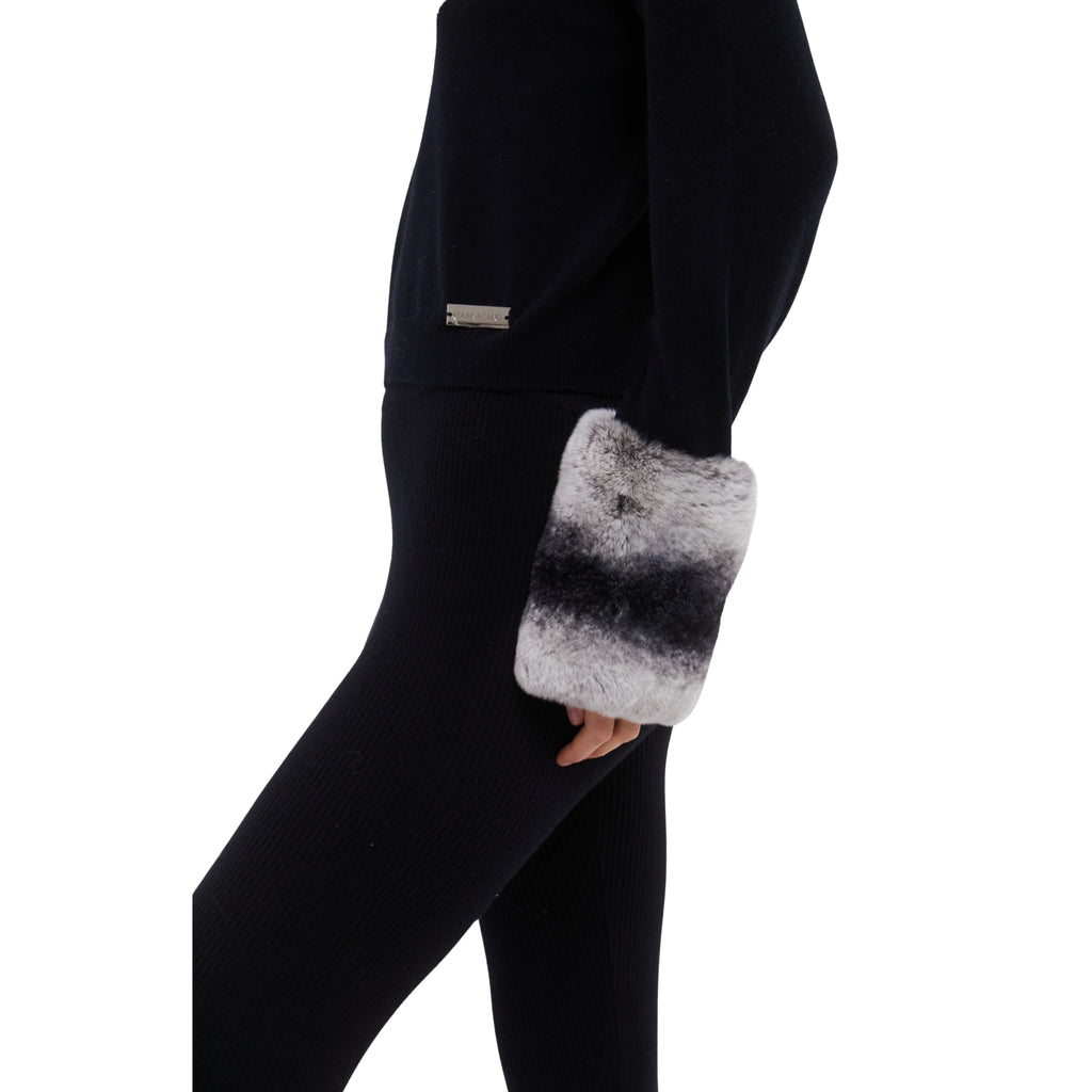 SKI: Triple Tone High Neck Sweater with Cuffs in Black, Cloud and Mist