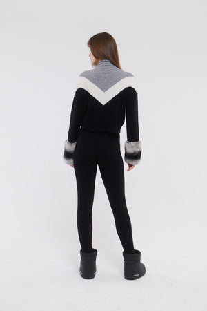 SKI: Triple Tone High Neck Sweater with Cuffs in Black, Cloud and Mist