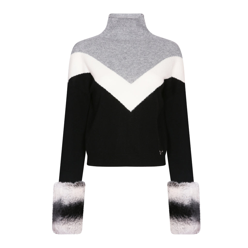 SKI: Triple Tone High Neck Sweater with Cuffs in Black, Cloud and Mist