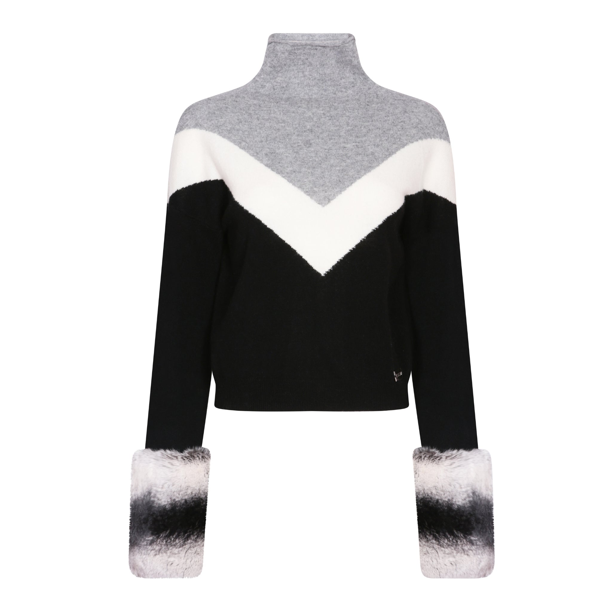 SKI: Triple Tone High Neck Sweater with Cuffs in Black, Cloud and Mist