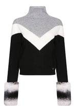 Load image into Gallery viewer, SKI: Triple Tone High Neck Sweater with Cuffs in Black, Cloud and Mist
