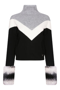 SKI: Triple Tone High Neck Sweater with Cuffs in Black, Cloud and Mist