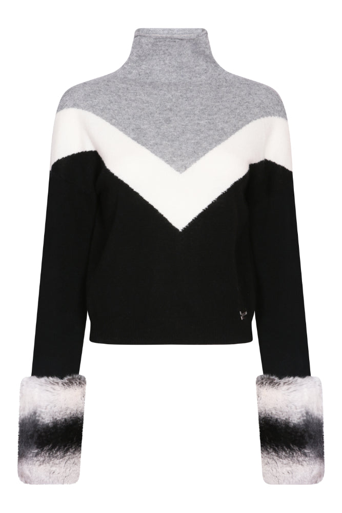 SKI: Triple Tone High Neck Sweater with Cuffs in Black, Cloud and Mist