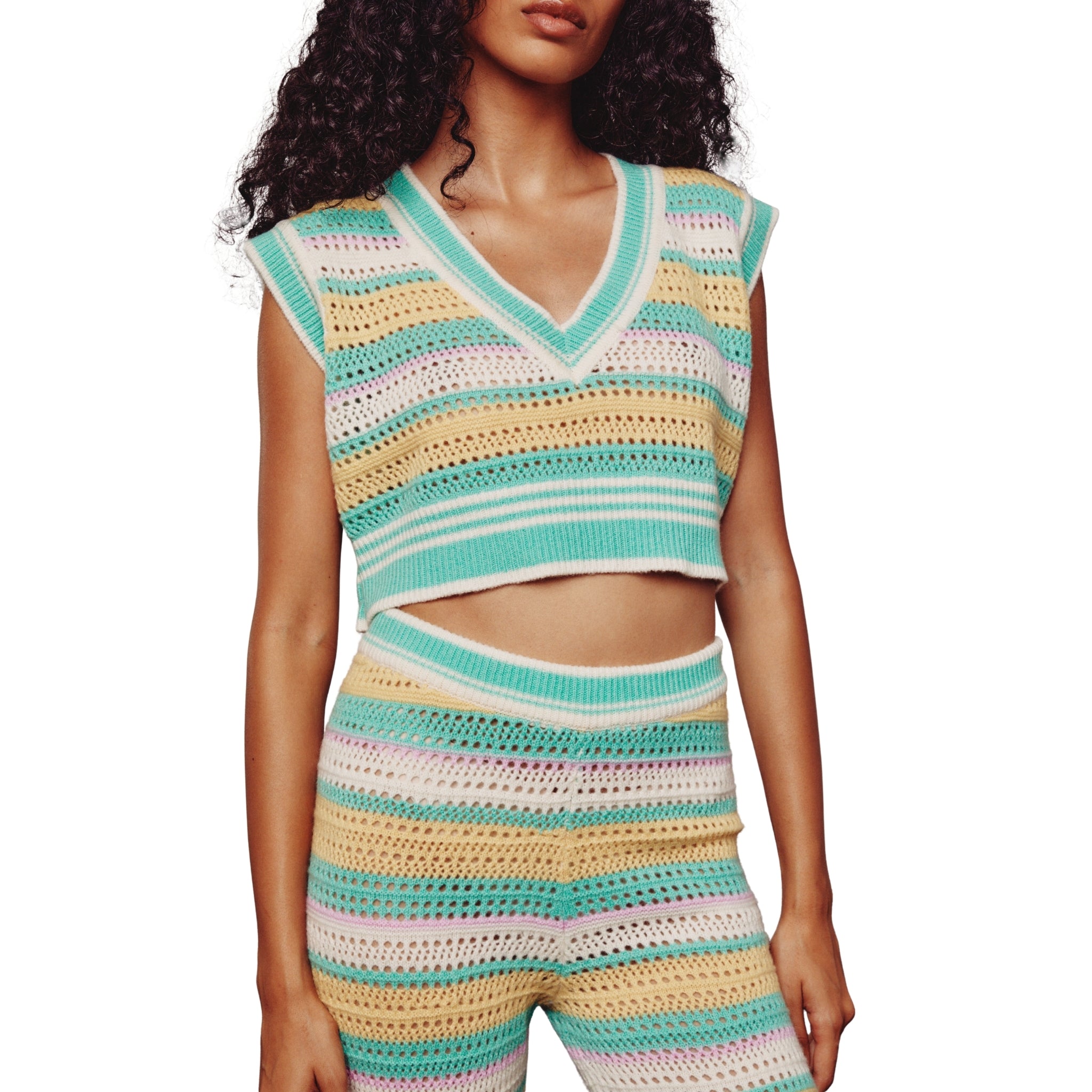 Cream, Green, Yellow & Pink Crochet Top