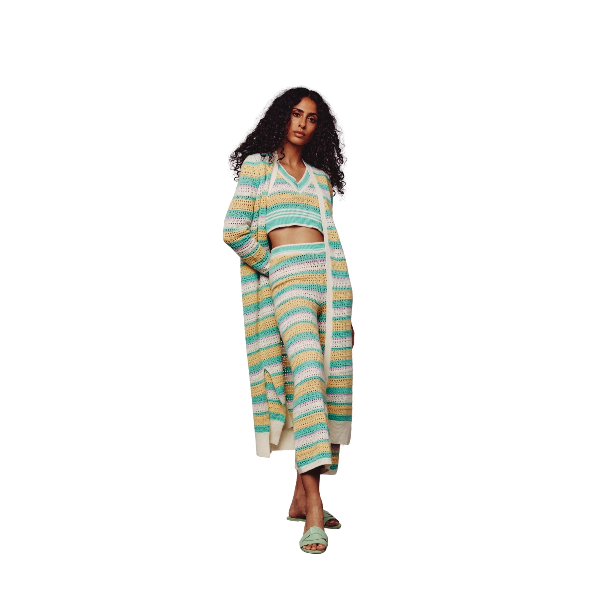 Cream, Green, Yellow & Pink Long Crochet Cardigan