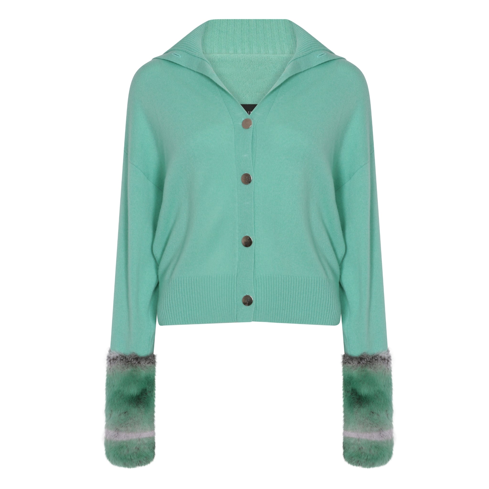 Green High Neck Cardigan with Rex Chinchilla Cuffs