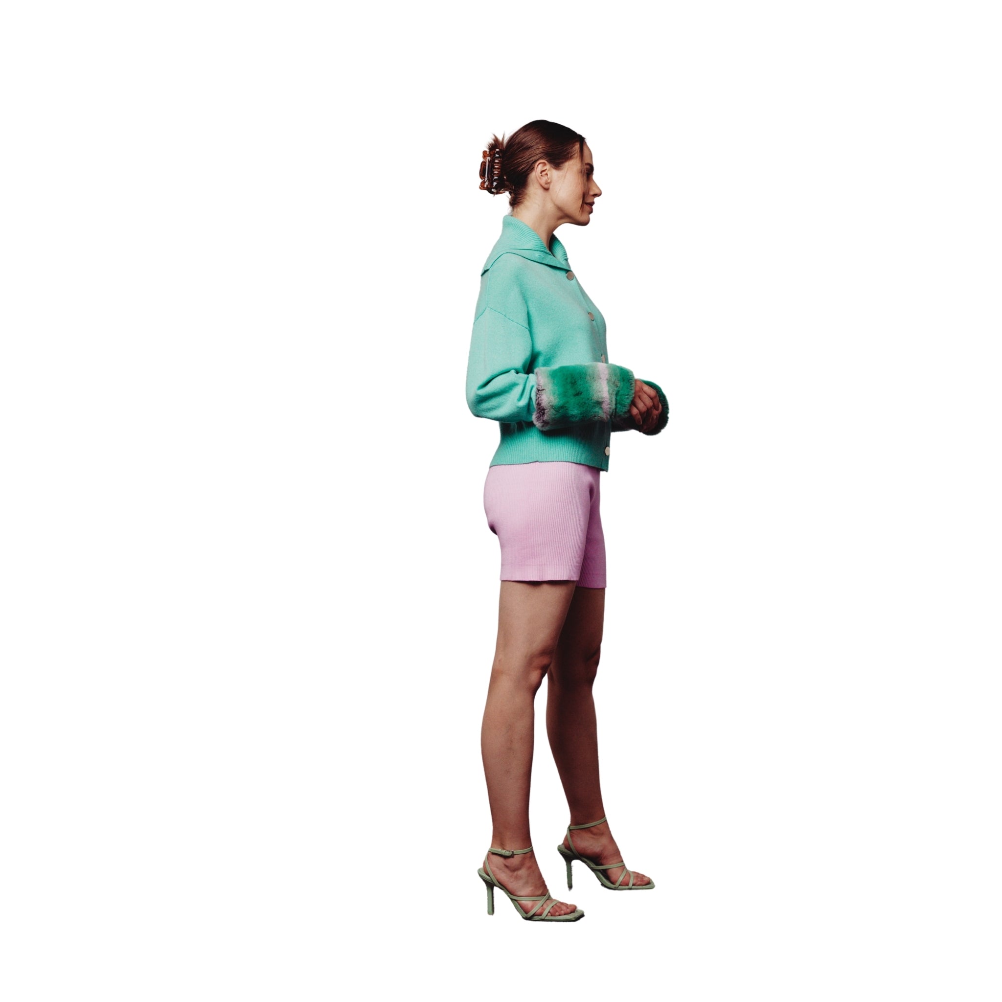 Green High Neck Cardigan with Rex Chinchilla Cuffs