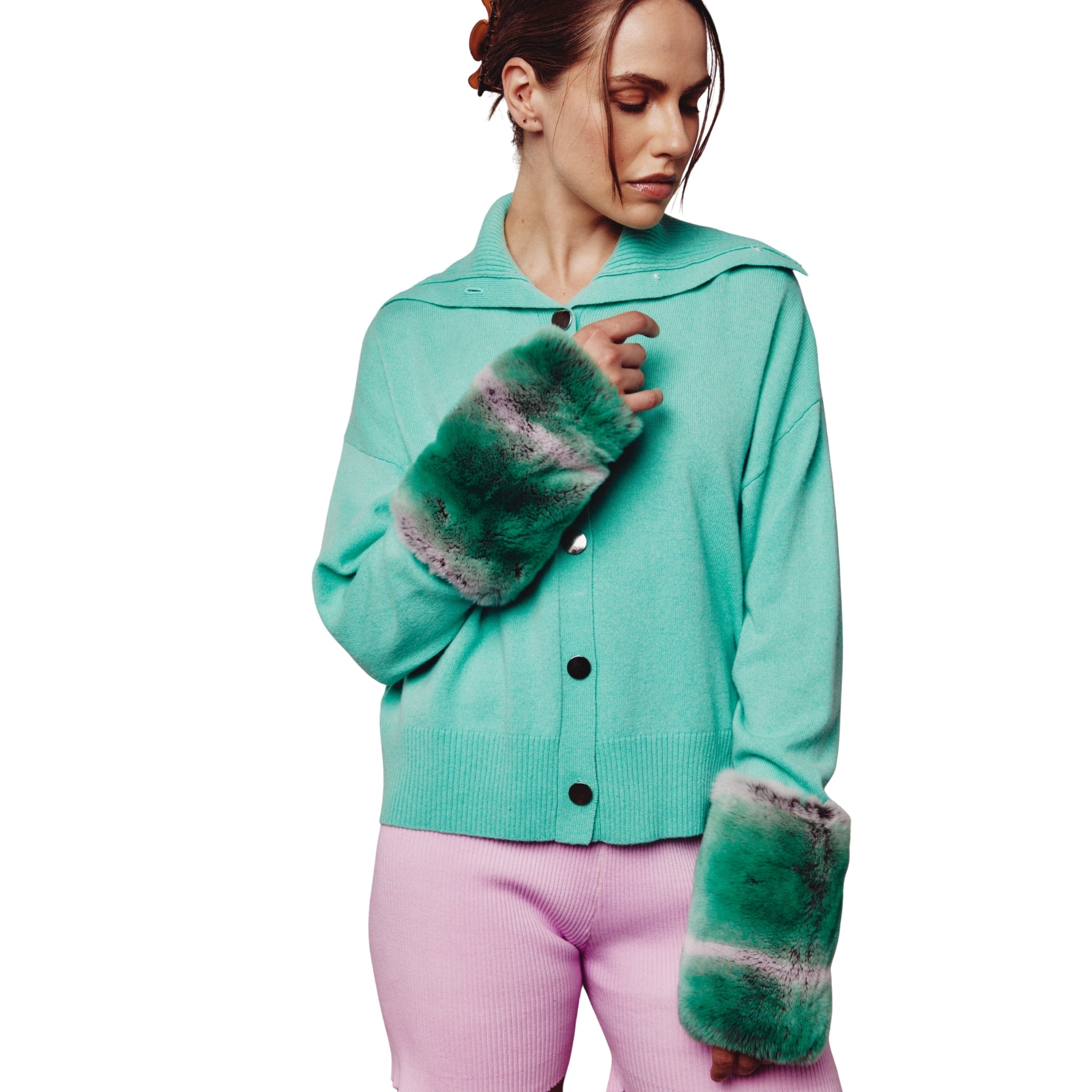 Green High Neck Cardigan with Rex Chinchilla Cuffs