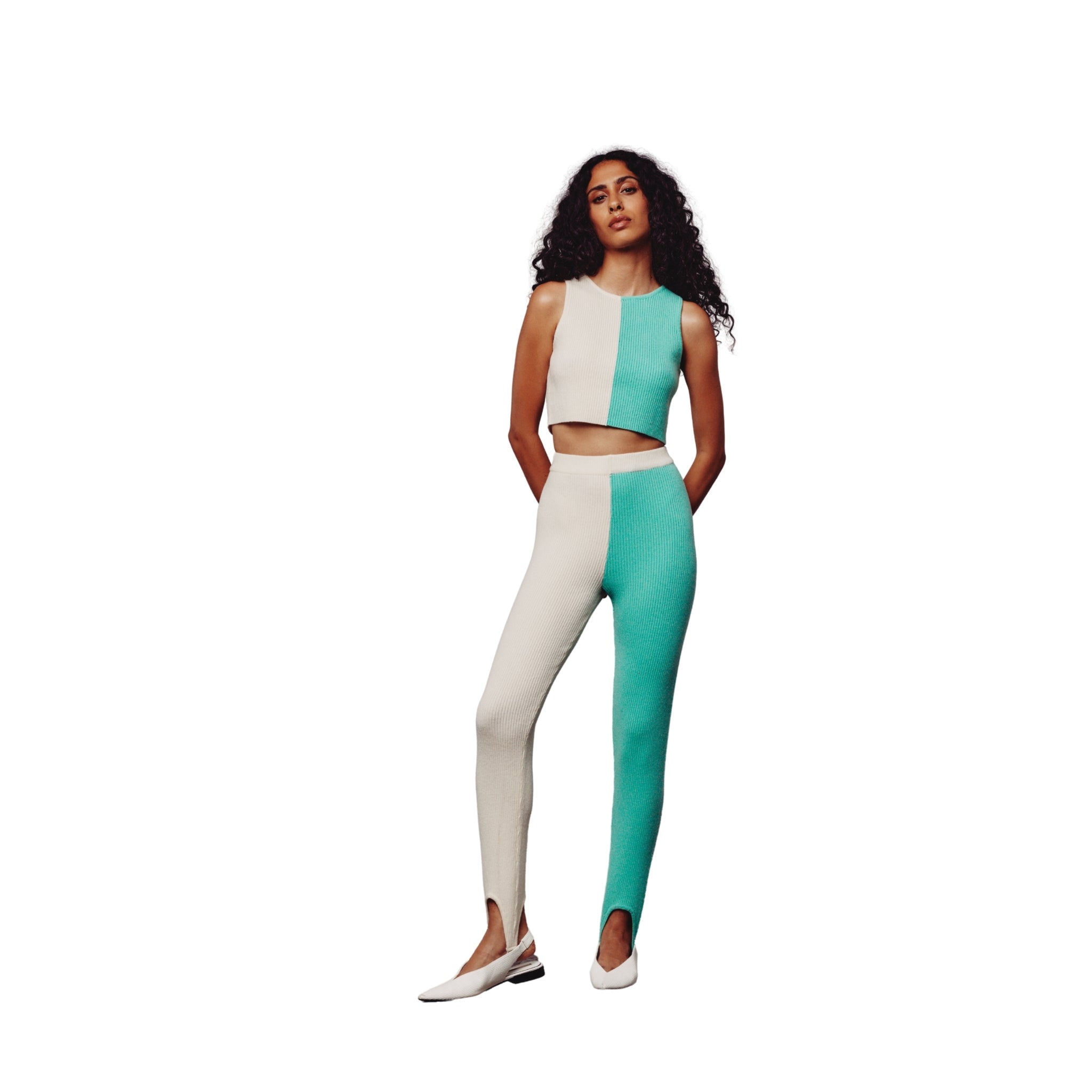 Cream & Green Colour Block Crop Top