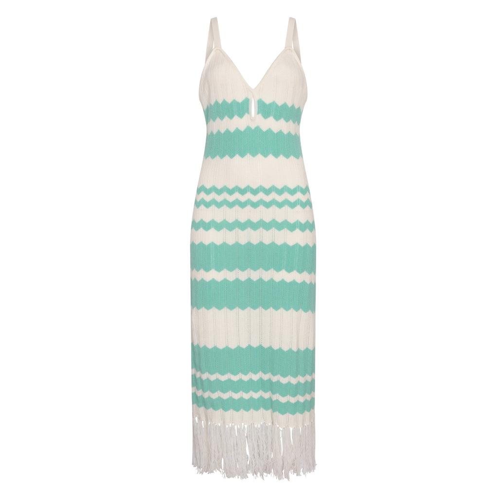 Cream & Green Colour Block Fringe Dress