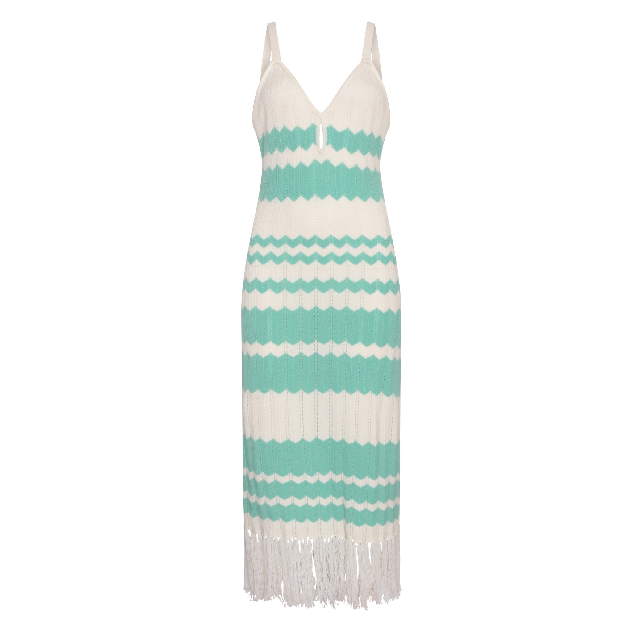 Cream & Green Colour Block Fringe Dress