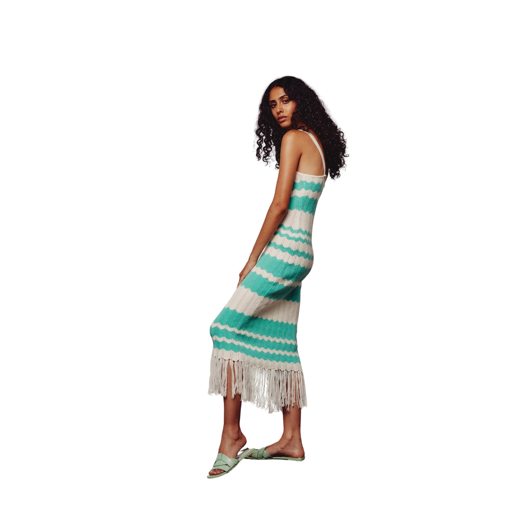 Cream & Green Colour Block Fringe Dress