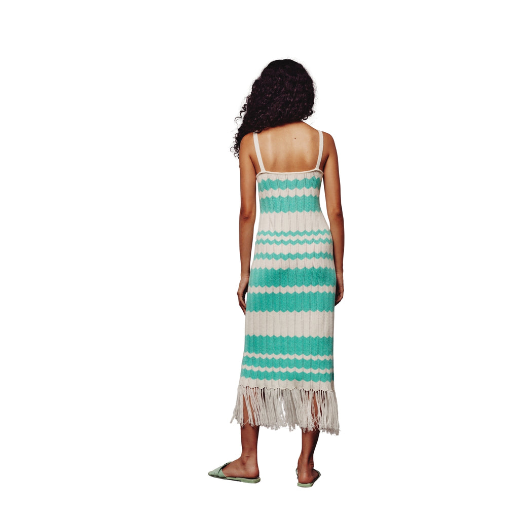 Cream & Green Colour Block Fringe Dress