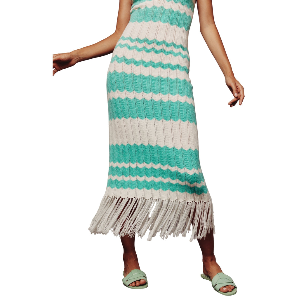 Cream & Green Colour Block Fringe Dress