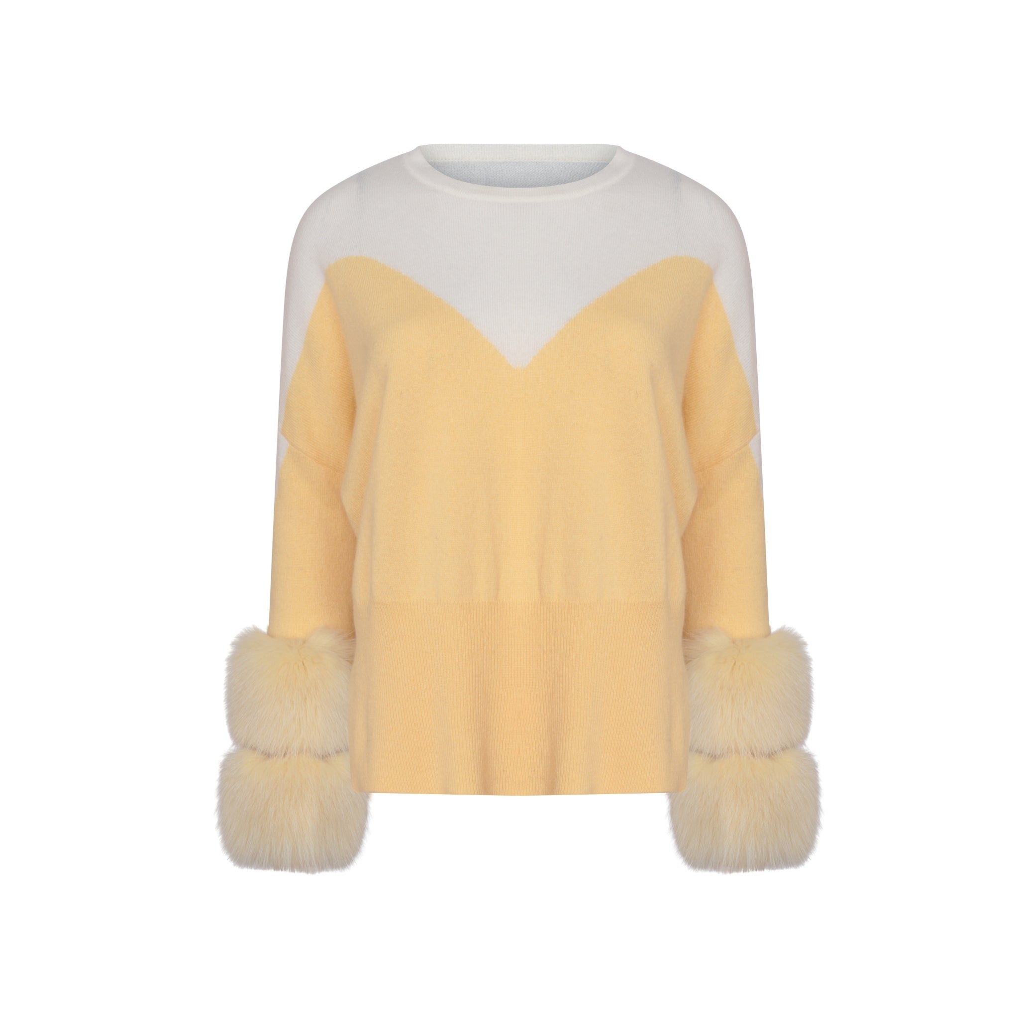 Cream & Yellow Colour Block Sweater with Fox Fur Cuffs