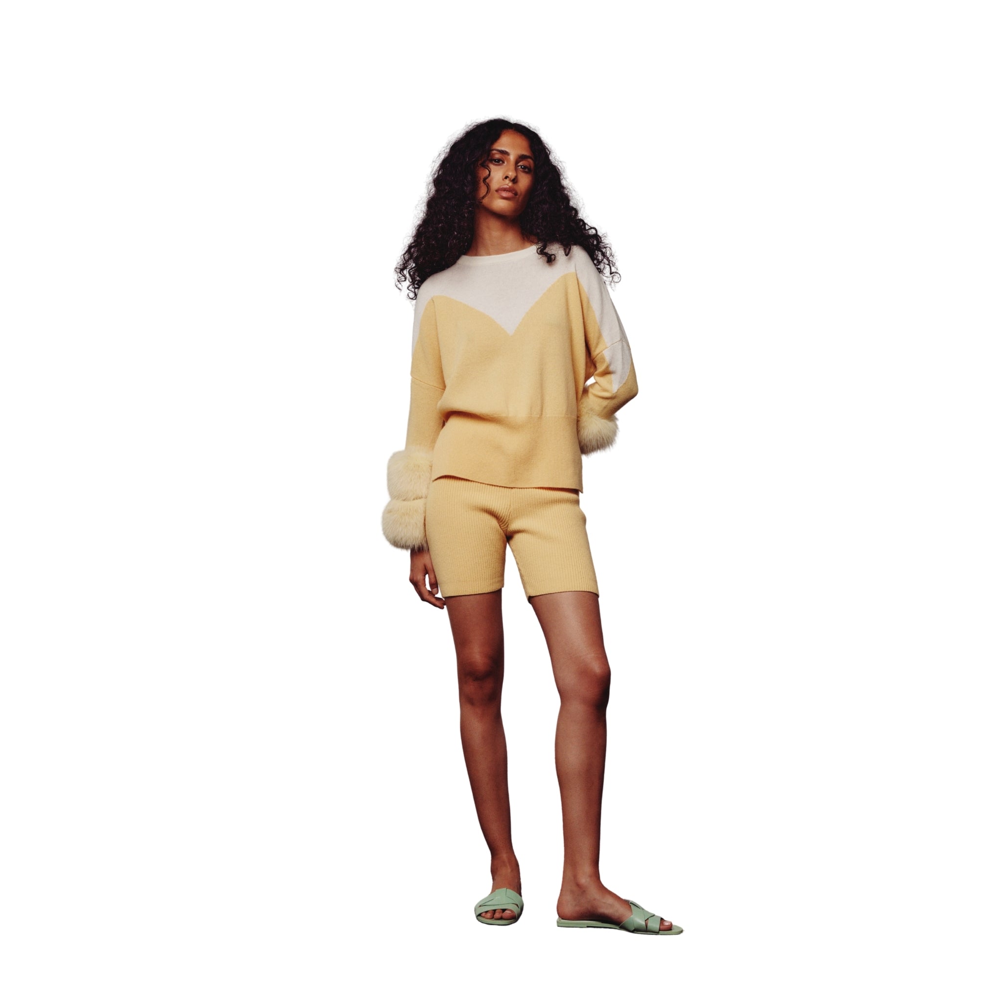 Cream & Yellow Colour Block Sweater with Fox Fur Cuffs