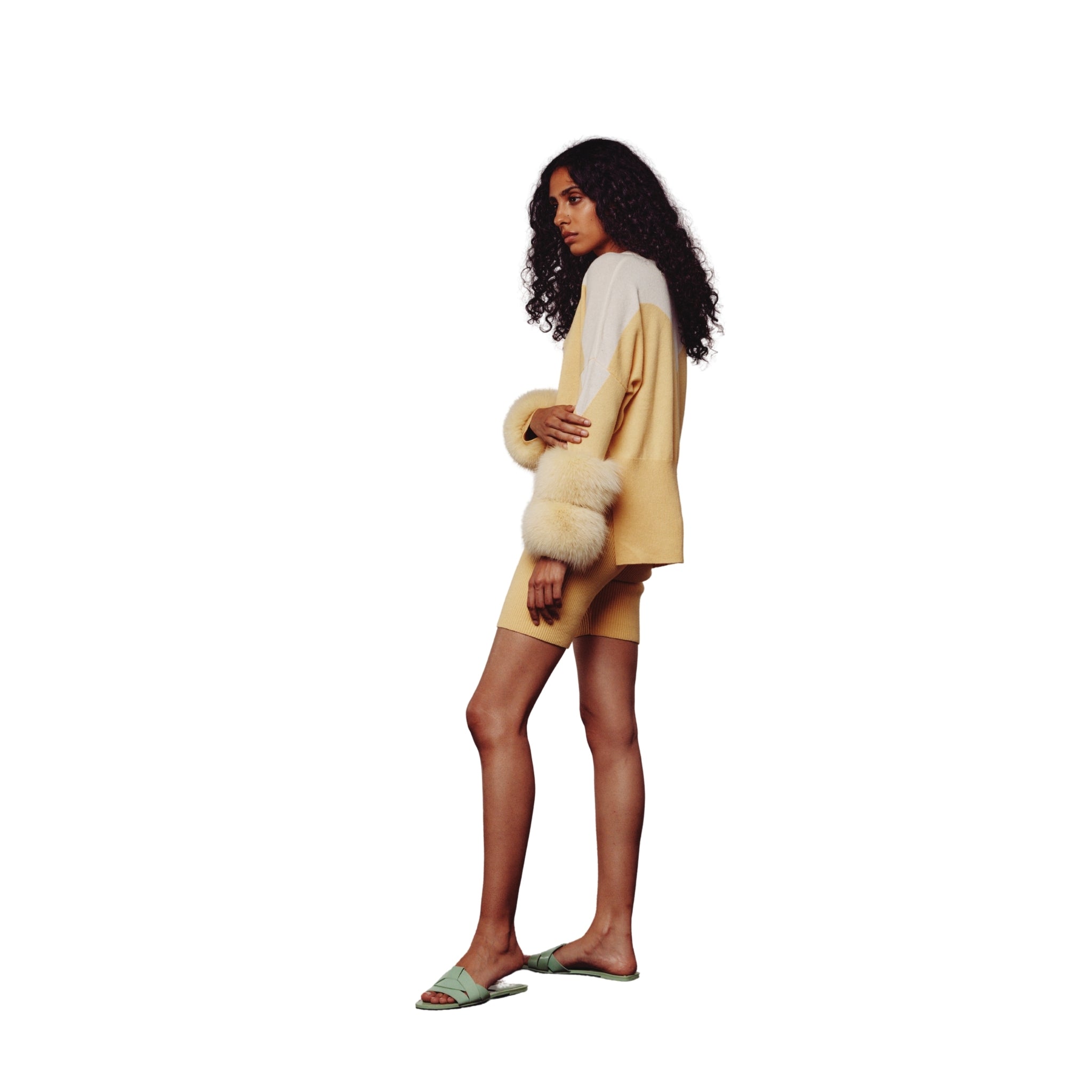 Cream & Yellow Colour Block Sweater with Fox Fur Cuffs
