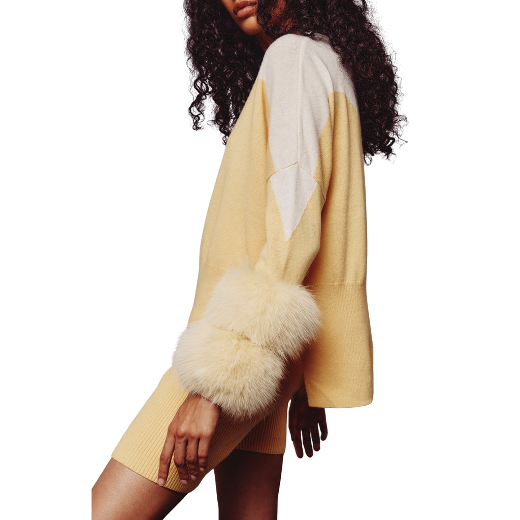 Cream & Yellow Colour Block Sweater with Fox Fur Cuffs