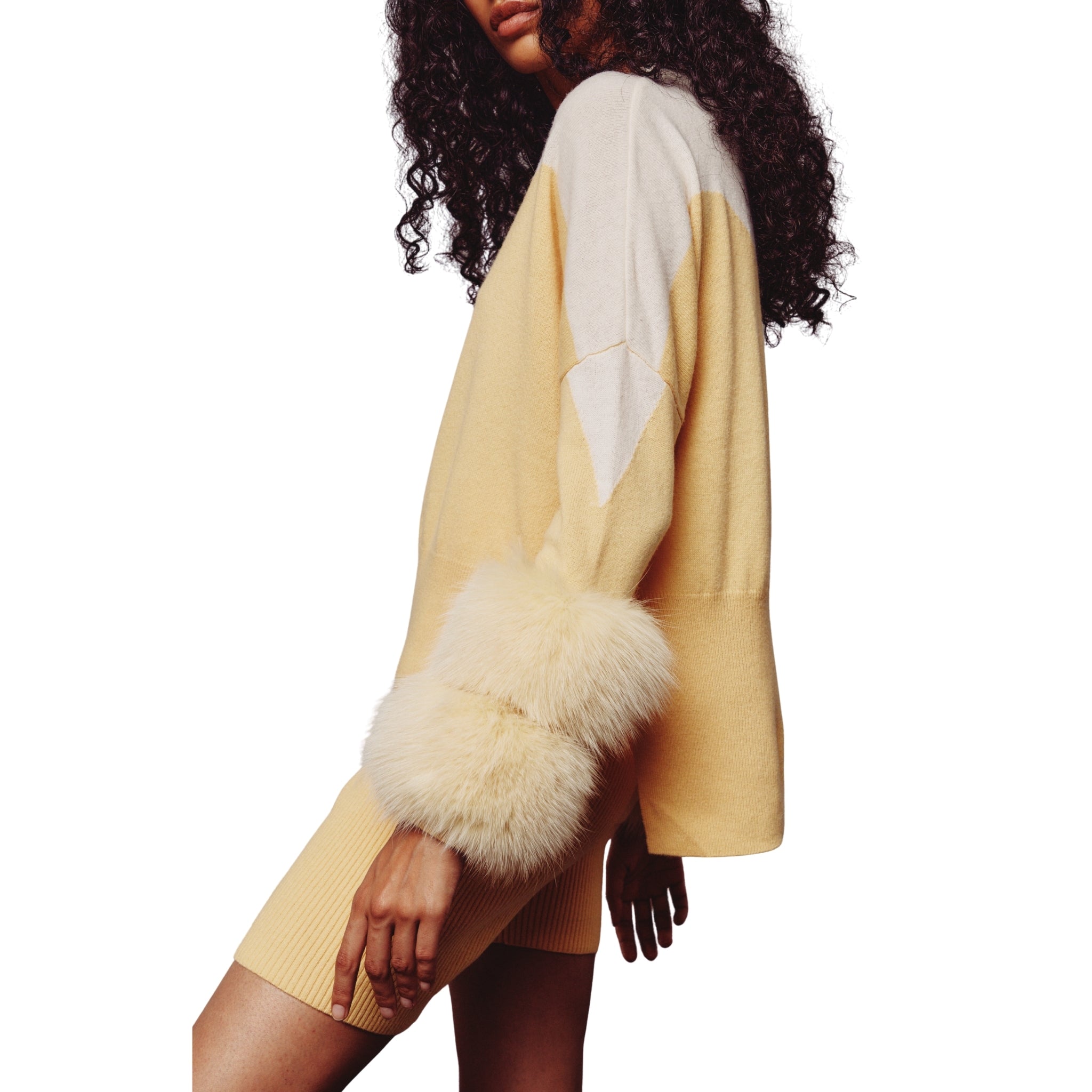 Cream & Yellow Colour Block Sweater with Fox Fur Cuffs