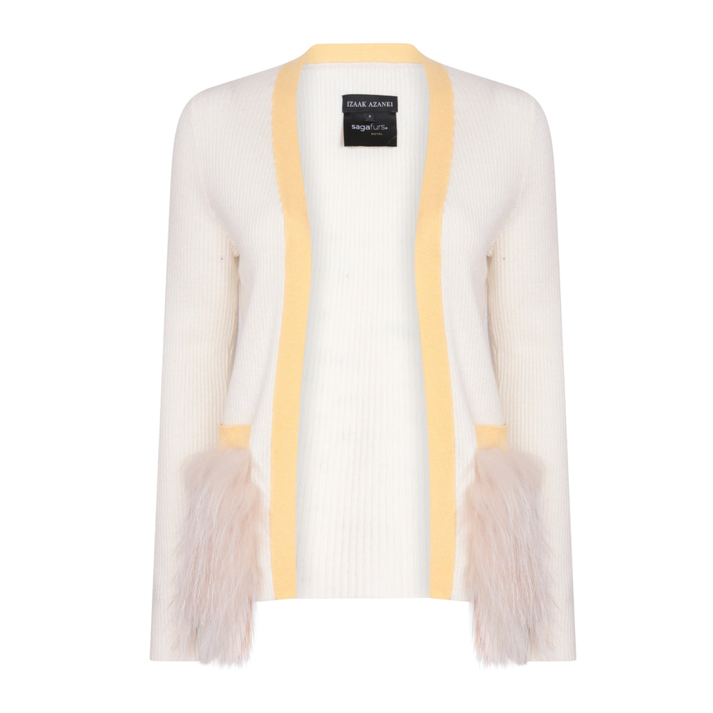 Cream & Yellow Colour Block Cardigan with Fox Fur Pockets