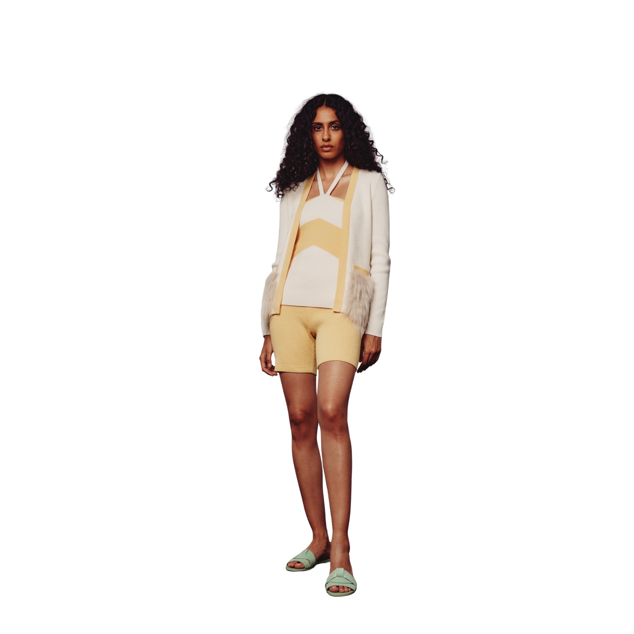 Cream & Yellow Colour Block Cardigan with Fox Fur Pockets