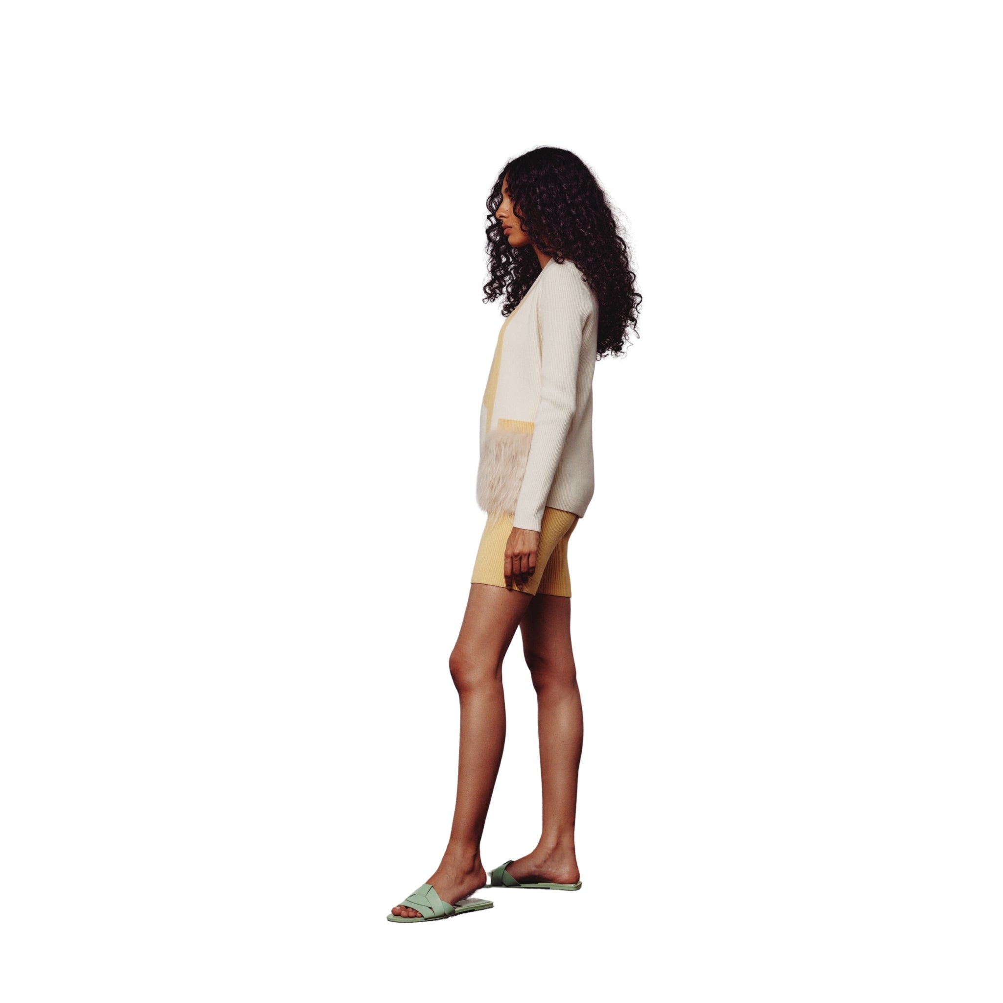 Cream & Yellow Colour Block Cardigan with Fox Fur Pockets