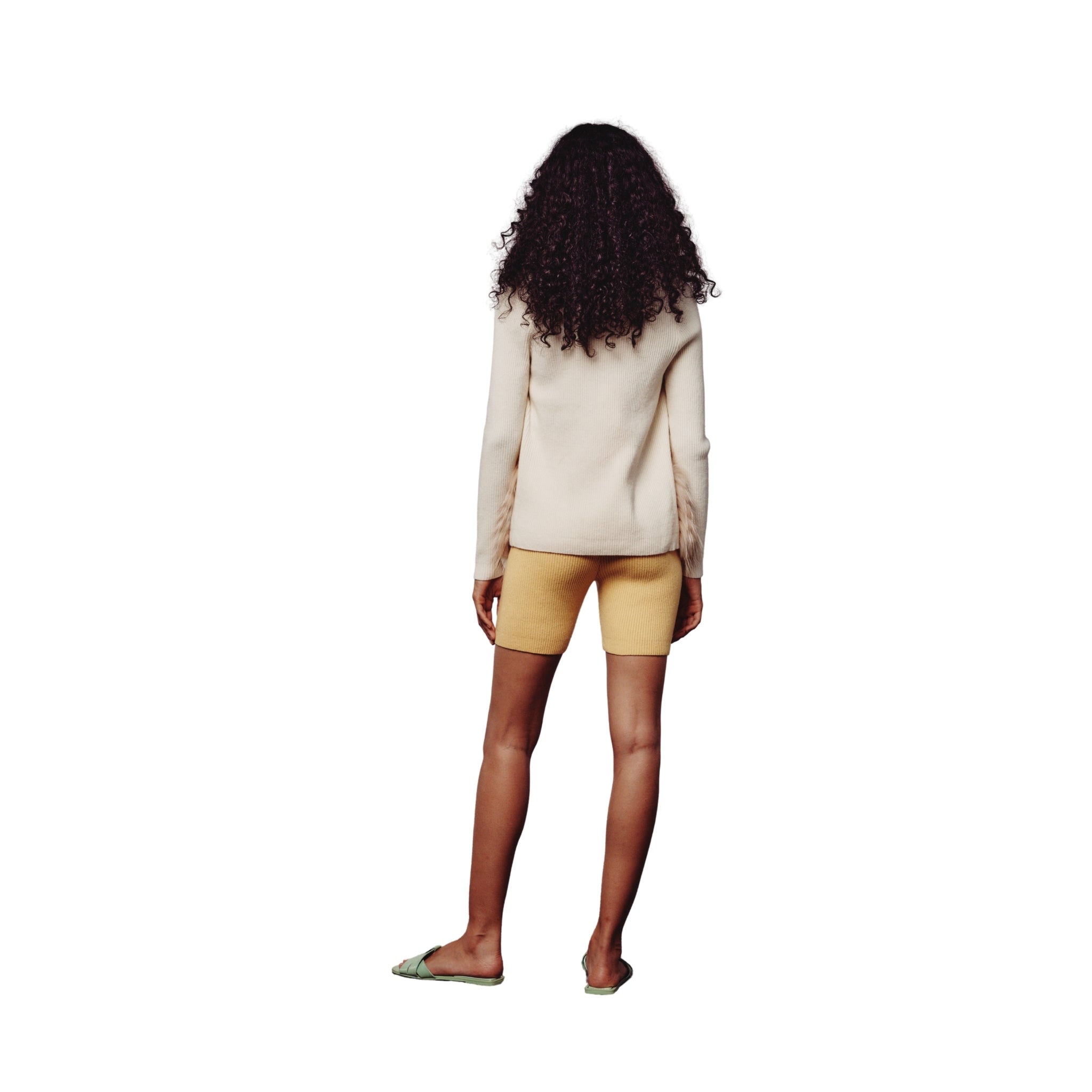 Cream & Yellow Colour Block Cardigan with Fox Fur Pockets