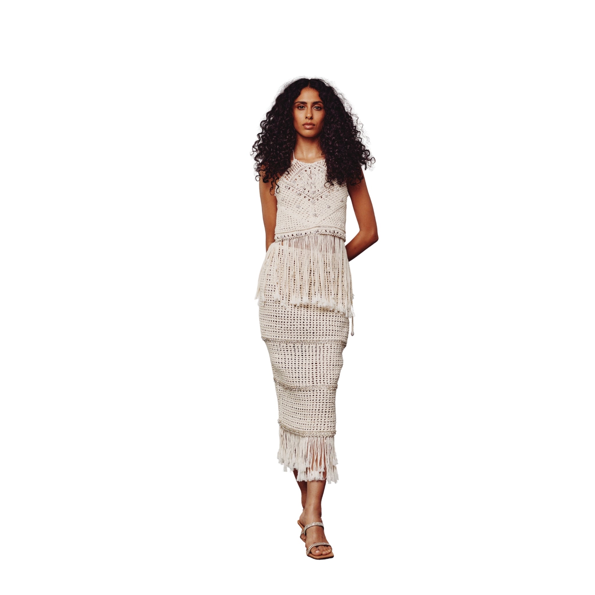 Cream Macrame Embellished Halter Neck Top