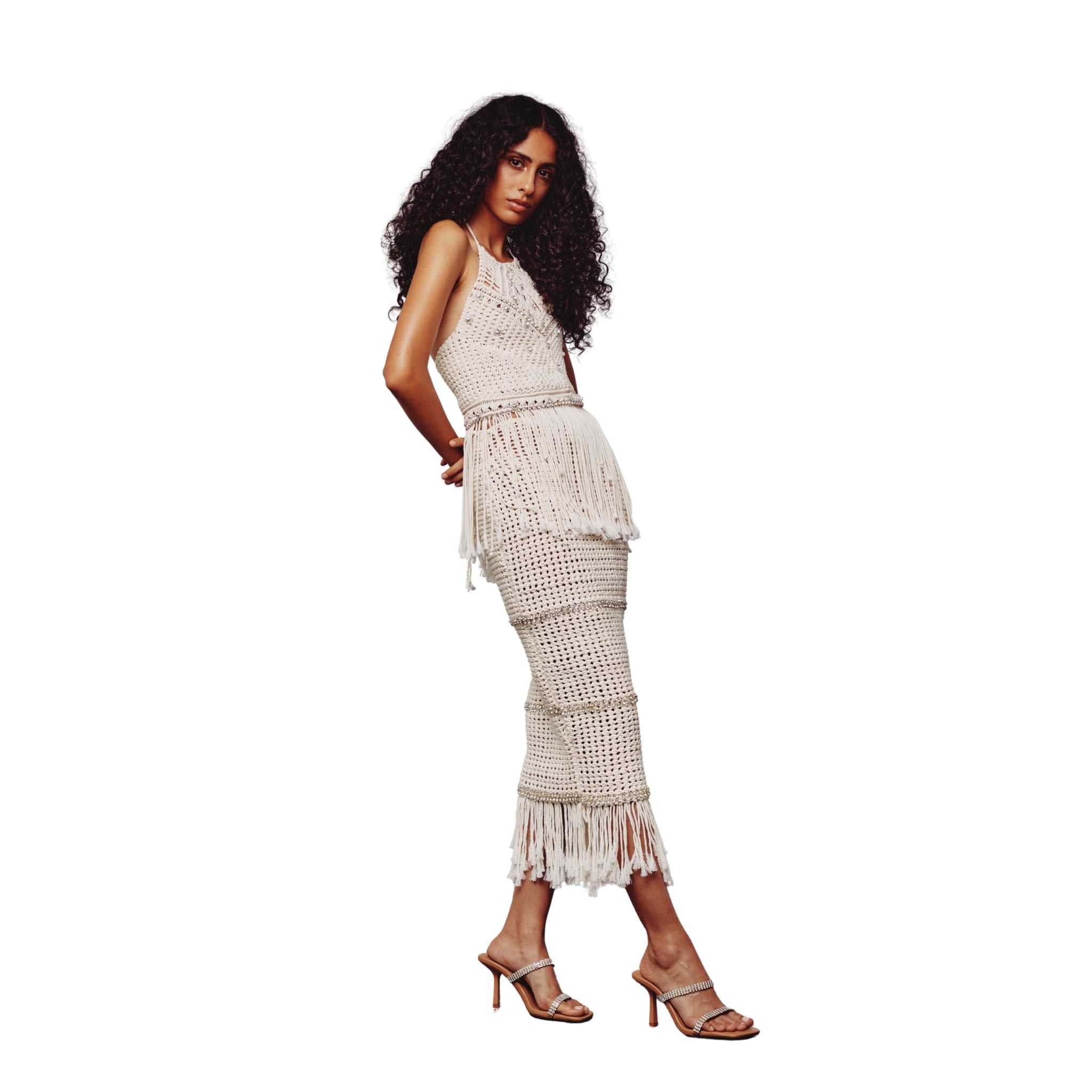 Cream Macrame Embellished Halter Neck Top