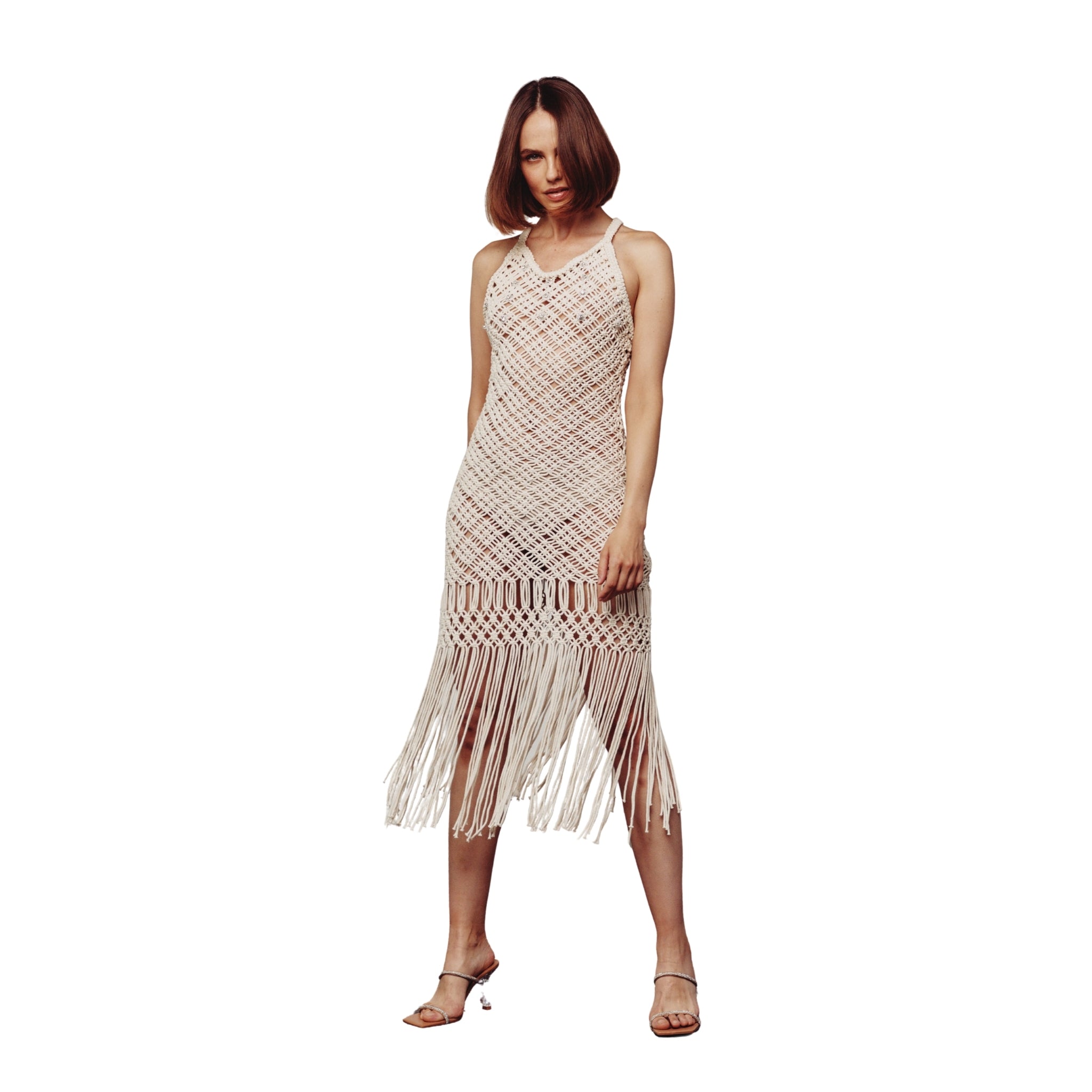 Cream Macrame Embellished Dress