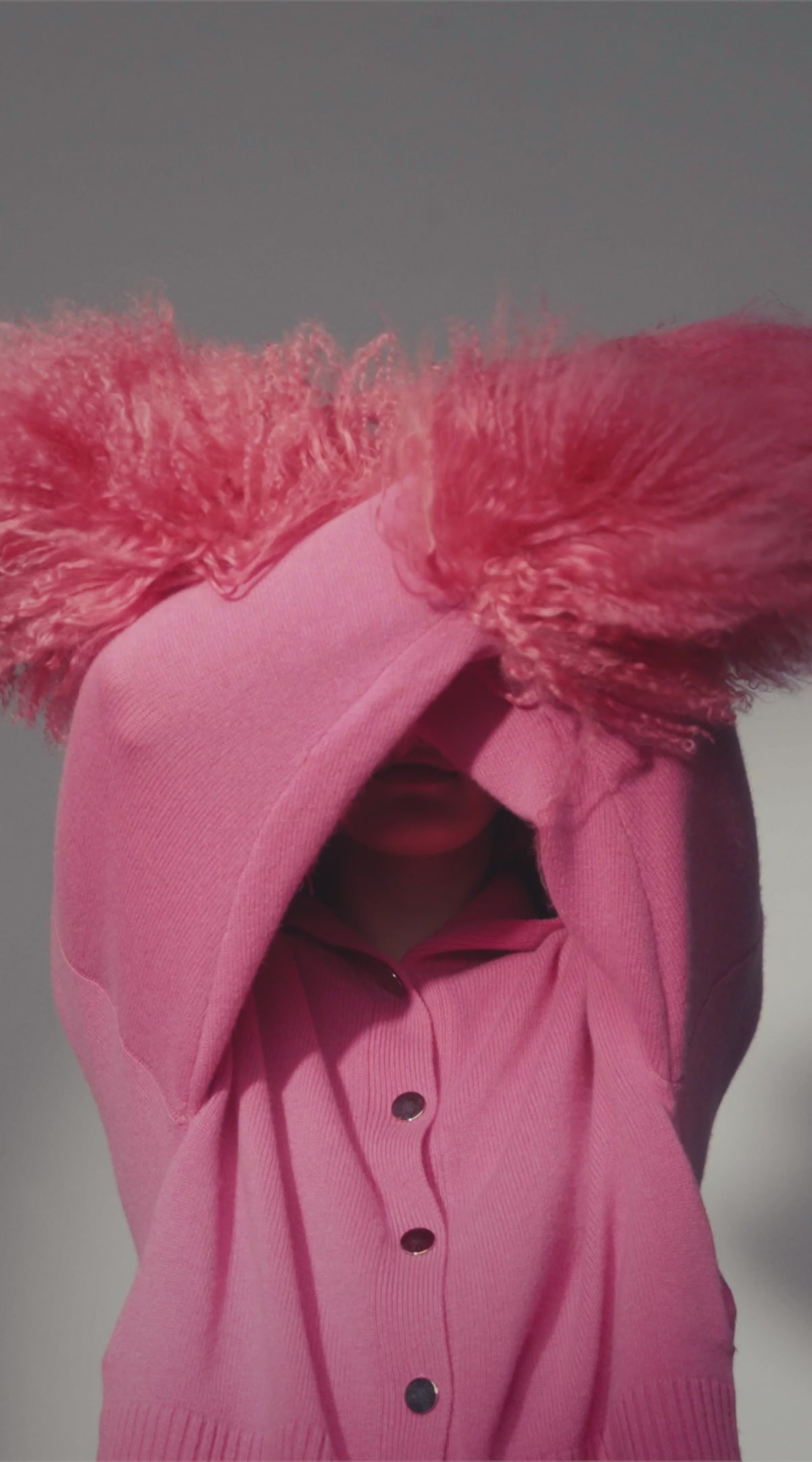 High Neck Buttoned Cardigan with Shearling Cuffs in Watermelon