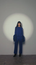 Load and play video in Gallery viewer, Round Neck Sweater with Shearling Cuffs in Cobalt
