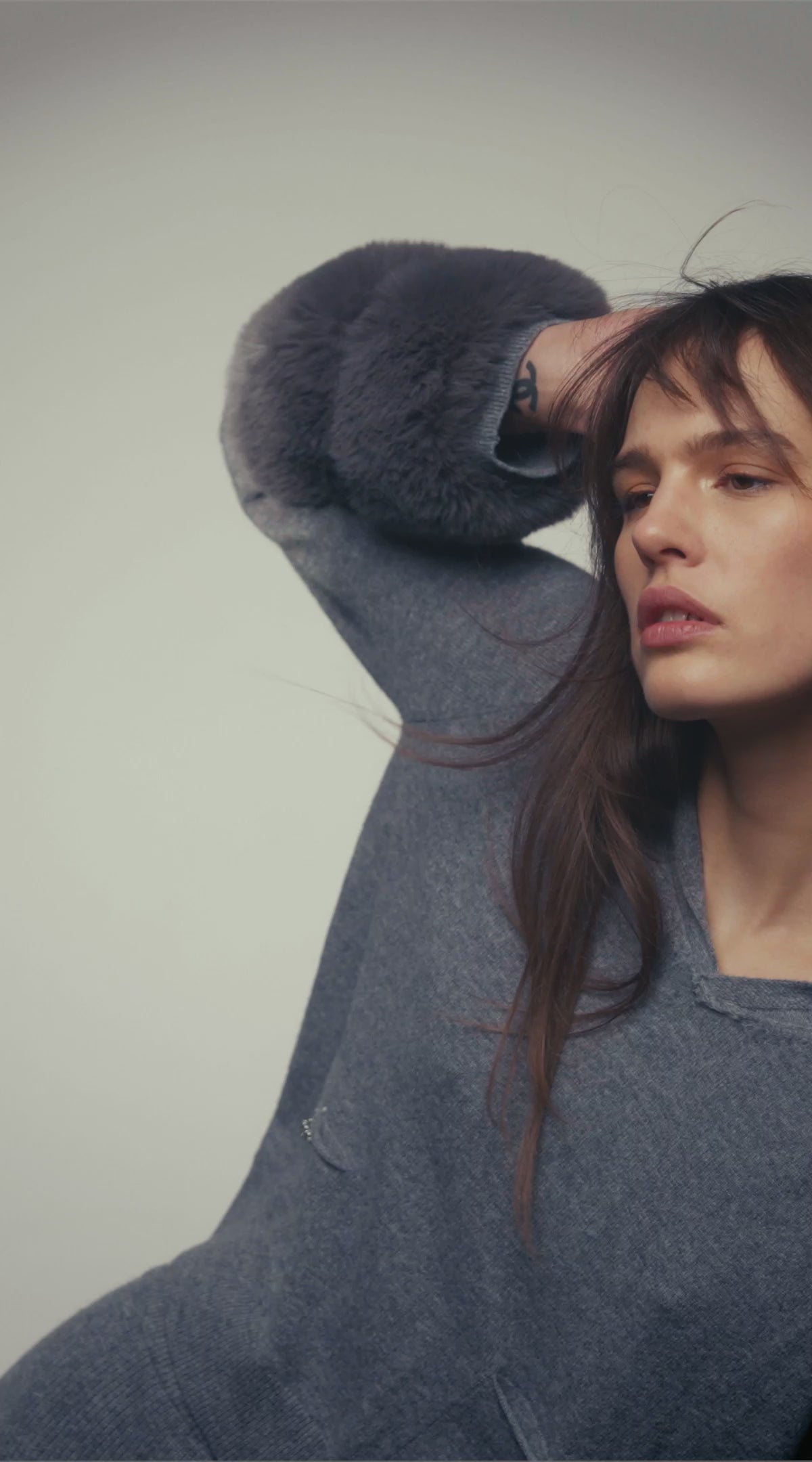 Relaxed Collar Sweater with Button Detail and Faux Cuffs in Pewter