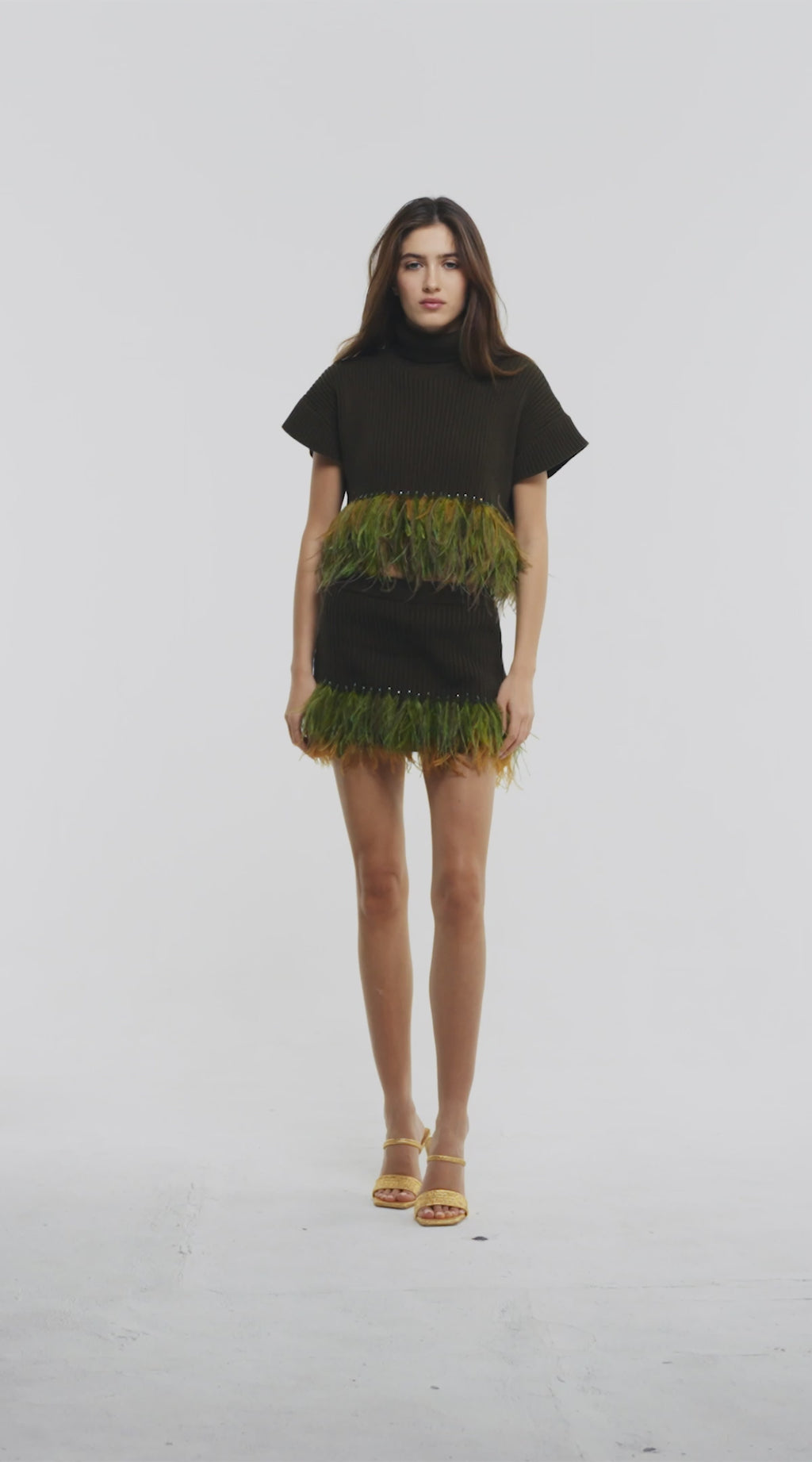 Feather Trim Mini Skirt in Olive