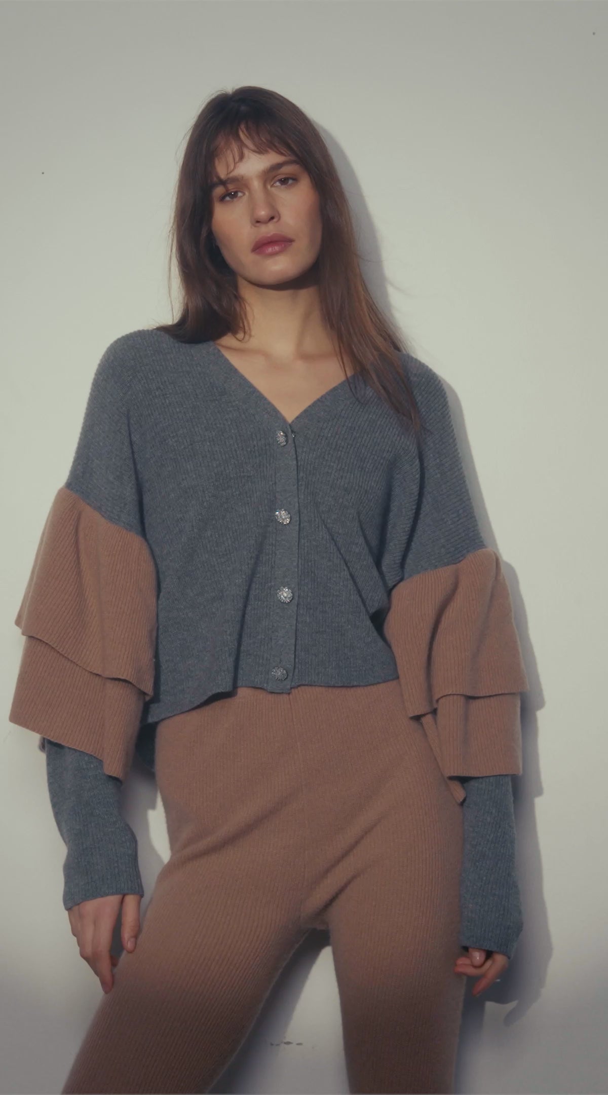 Ruffled Embellished Cardigan in Pewter & Pecan