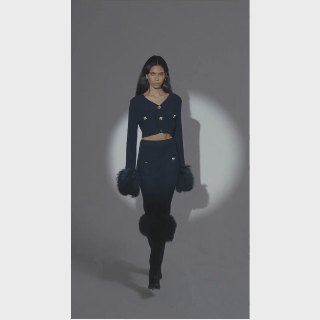 The Cropped Shearling Cuff Cardigan in Emerald