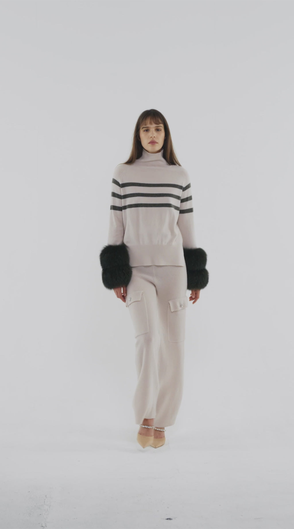 Oyster and Army Striped Polo Neck Sweater with Fox Fur Cuffs