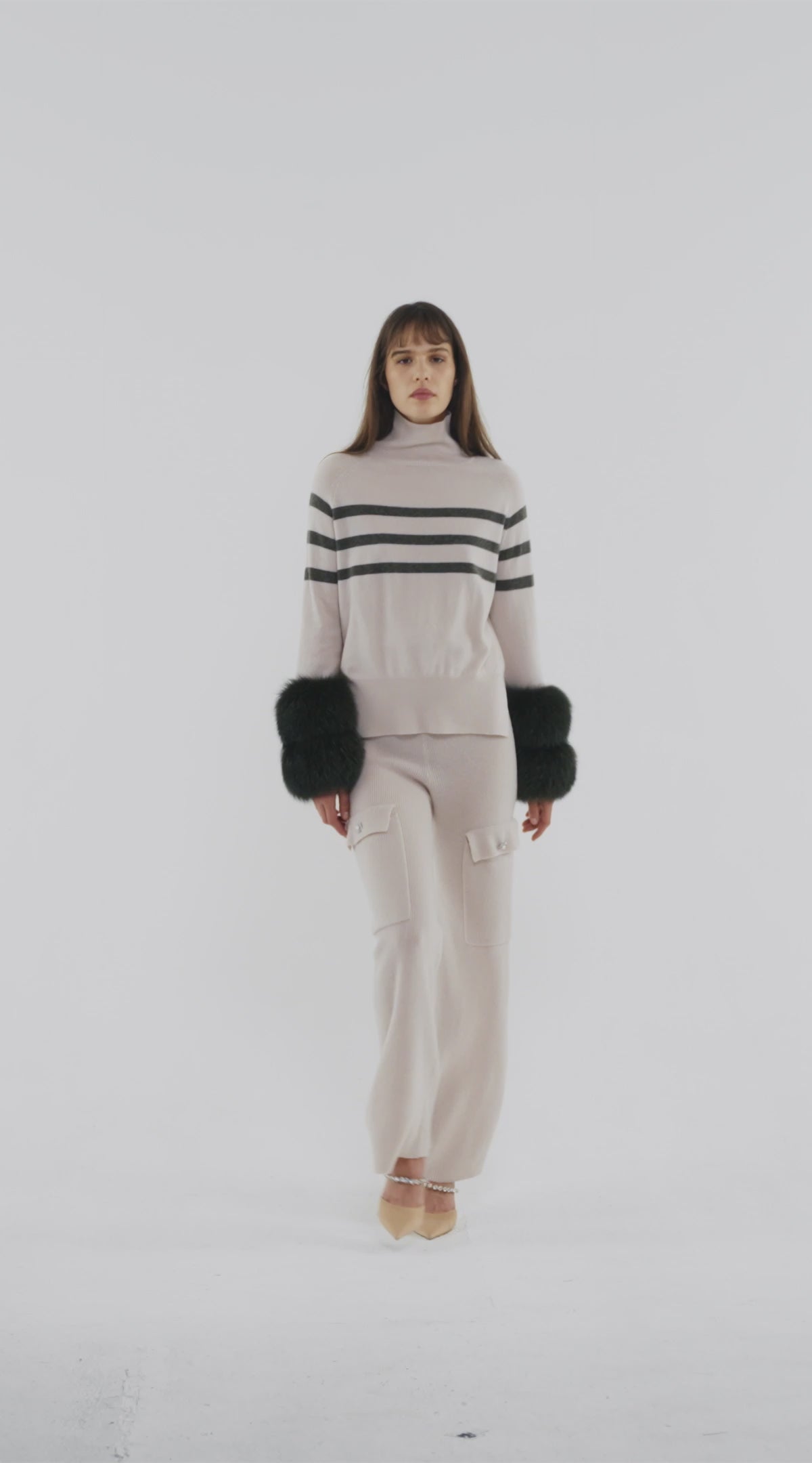 Oyster and Army Striped Polo Neck Sweater with Fox Fur Cuffs