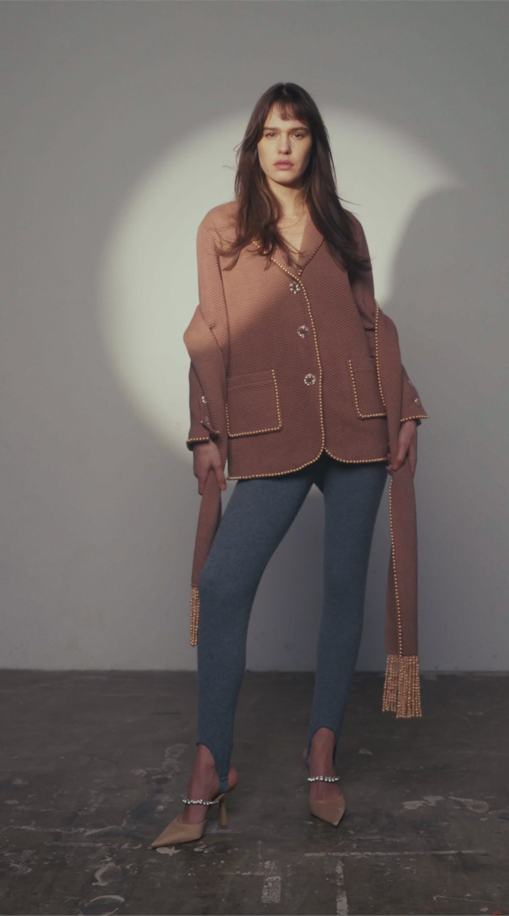 Pearl Fringed Coat & Scarf in Mocha